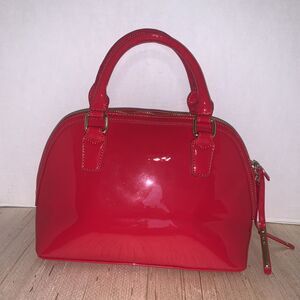 BCBG Red Patent Faux Leather Dome W/ Gold Hardware Handles Satchel Preppy